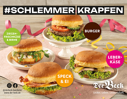 Vier verschiedene Schlemmerkrapfen auf verschiedenen Tellern liegen auf einem rosa Tischset, im Hintergrund Luftschlangen